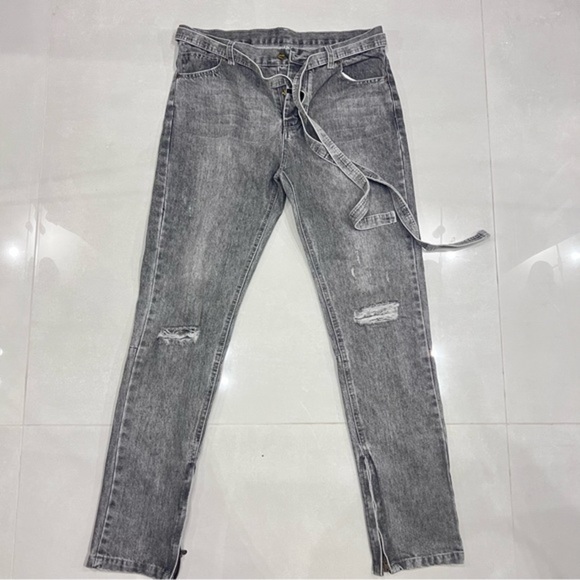 Fear of God - Slim-Fit Belted Distressed Selvedge Denim Jeans - Gray - Picture 6 of 14